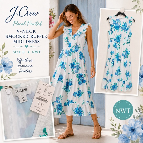 J. Crew Dresses & Skirts - J. Crew Floral Printed V-Neck Smocked Ruffle Sleeveless Dress Size 0 NWT